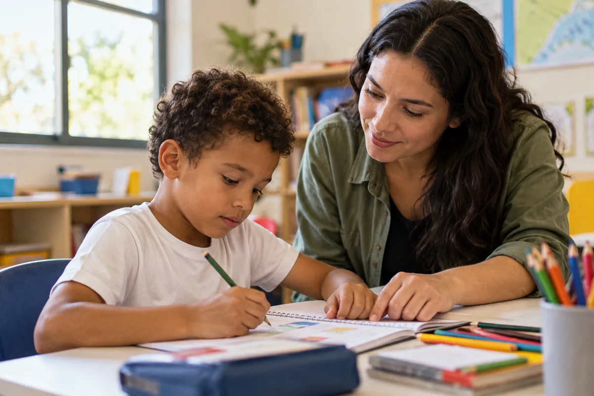 Criança recebe apoio de professora durante atividade escolar