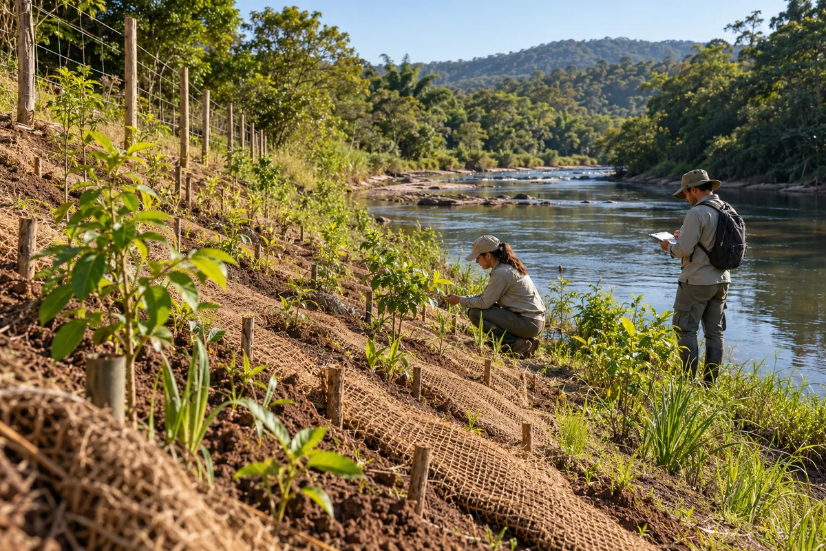 Técnicos monitoram mudas e controle de erosão em margem de rio
