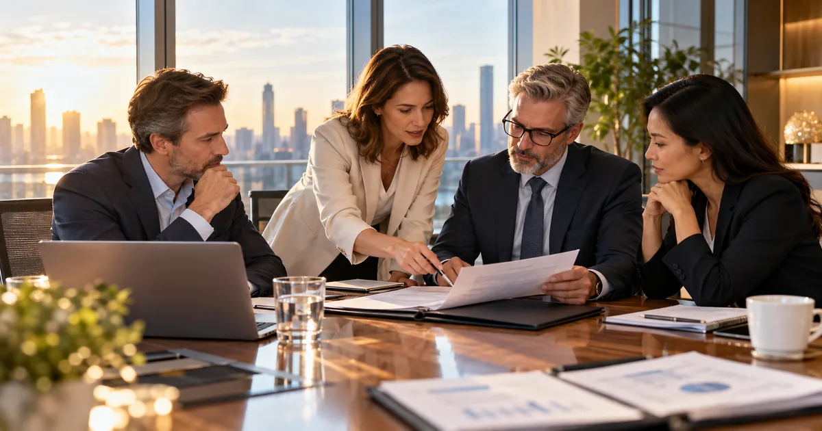 Equipe executiva e advogado alinhando contrato com a estratégia da empresa
