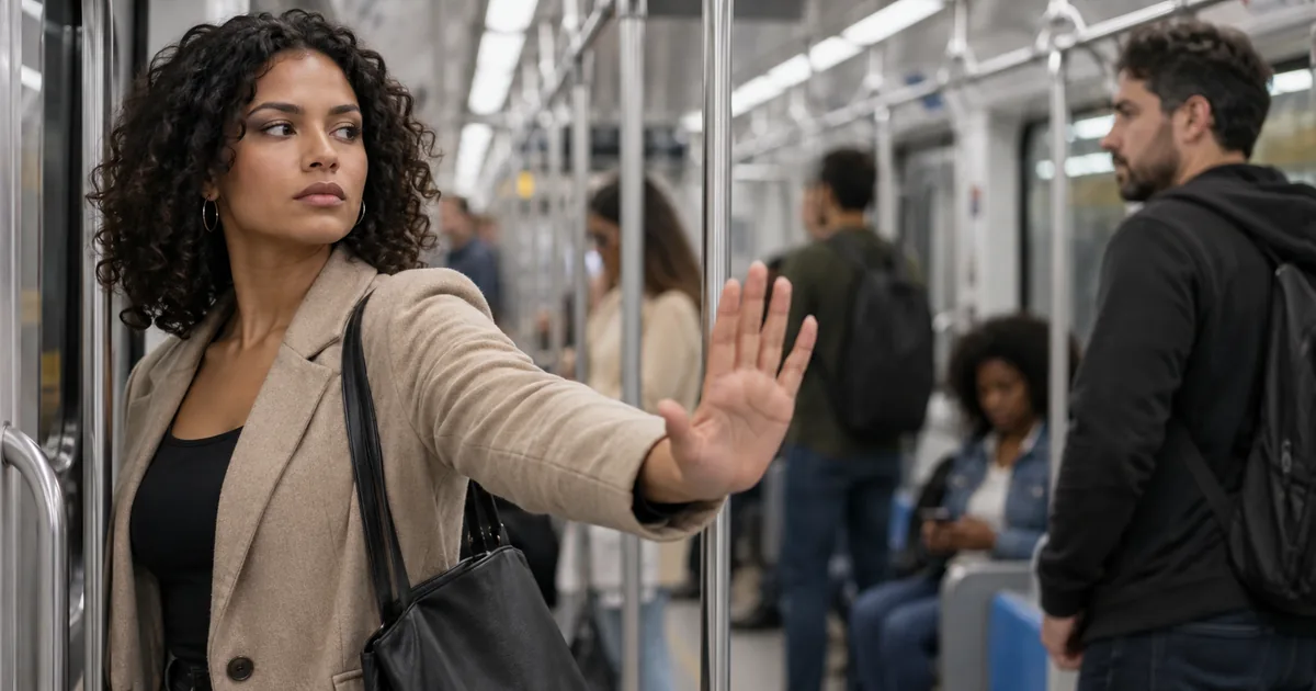 Mulher sinaliza limite e preserva espaço pessoal em vagão de metrô