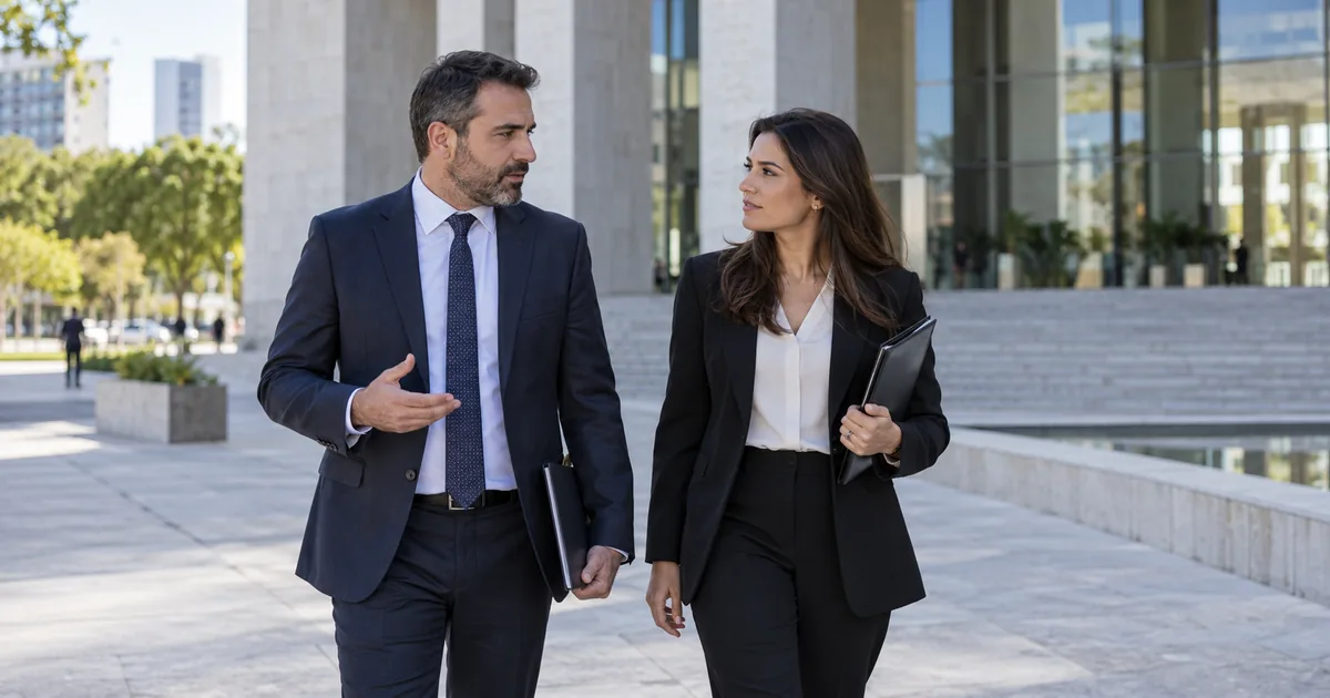 Profissional e advogada caminham diante de edifício administrativo