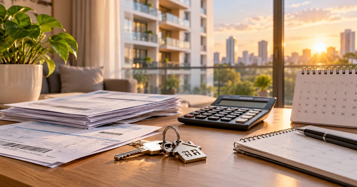 Boletos, calculadora, calendário e chaves de apartamento organizados sobre mesa