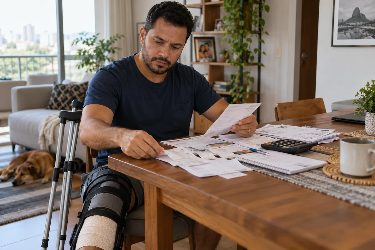 Trabalhador em recuperação organiza recibos e despesas do tratamento