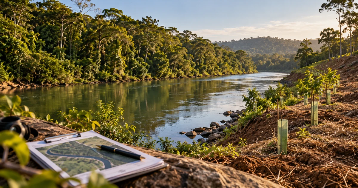 Margem de rio com mata preservada e trecho em recuperação ambiental