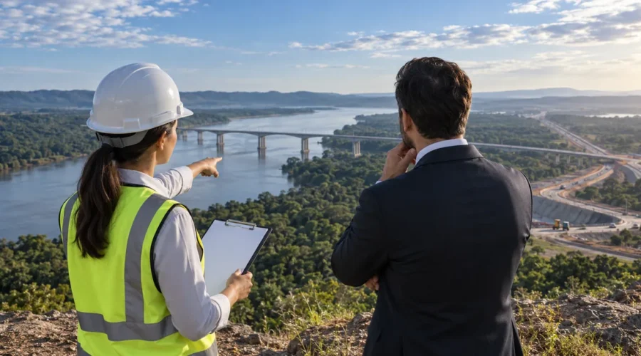 Engenheira e advogado observam ponte e corredor de infraestrutura em planejamento