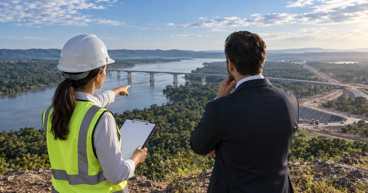 Engenheira e advogado observam ponte e corredor de infraestrutura em planejamento