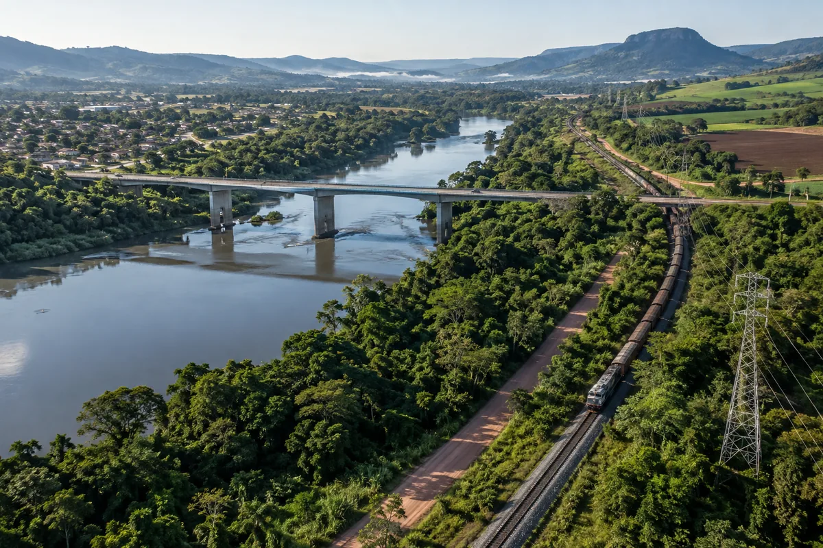 Ponte, ferrovia e linha de transmissão em paisagem com rio e vegetação