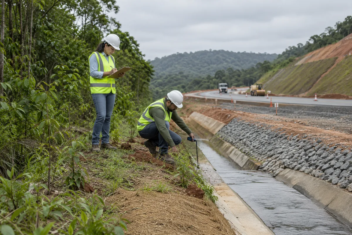Equipe técnica inspeciona drenagem e vegetação ao lado de obra rodoviária