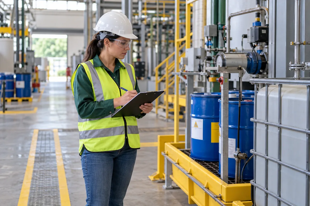 Gerente ambiental inspeciona contenção e equipamentos em fábrica