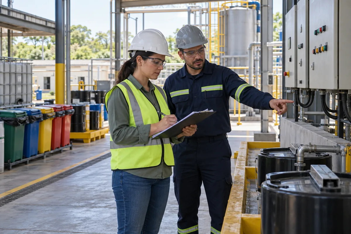 Gestora ambiental e supervisor inspecionam controles em instalação industrial