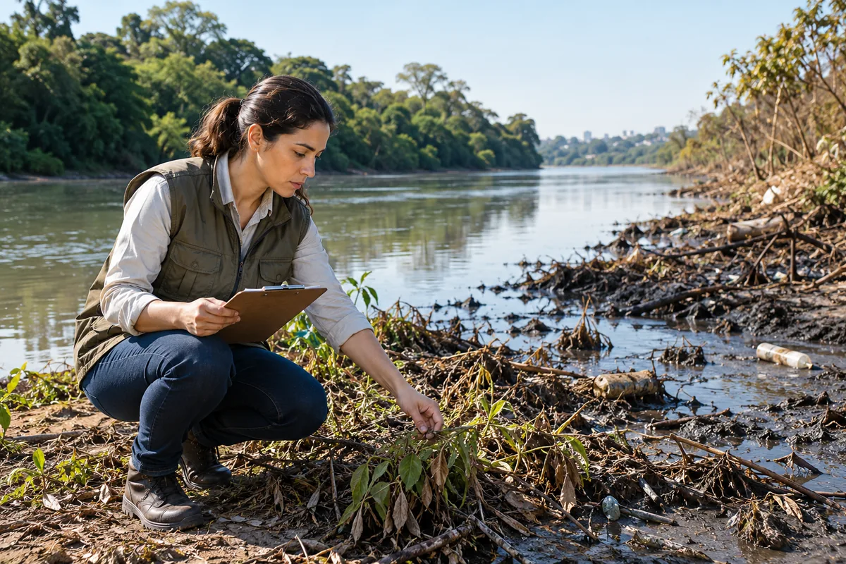 Engenheira ambiental inspeciona vegetação degradada na margem de um rio