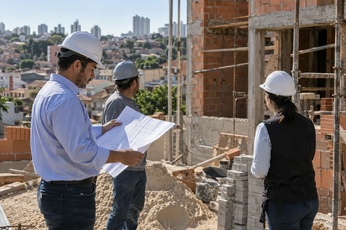 Profissionais inspecionam construção urbana em andamento