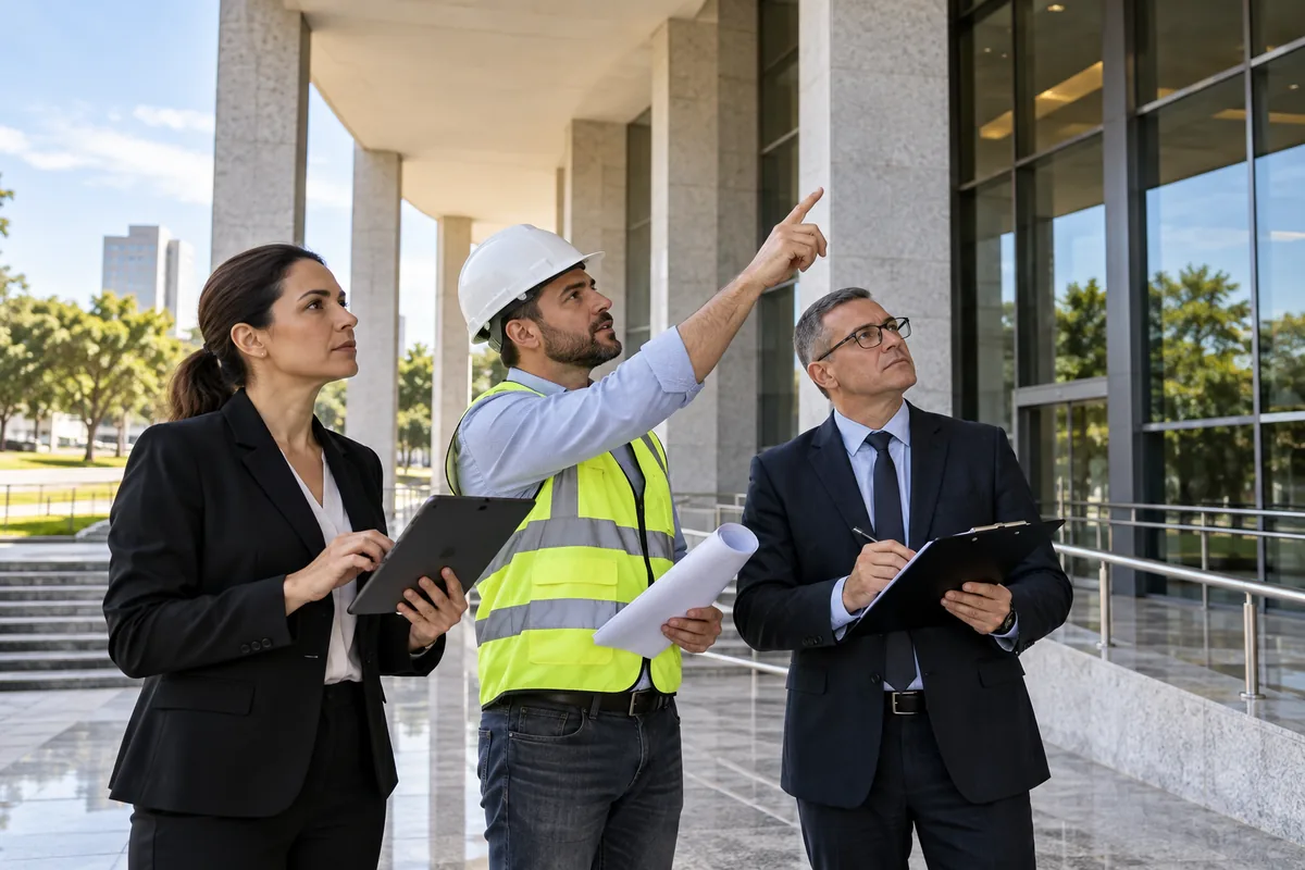Gestores e engenheiro inspecionam edifício público