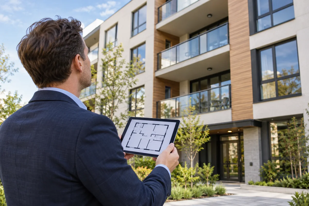 Comprador compara planta com fachada de empreendimento residencial
