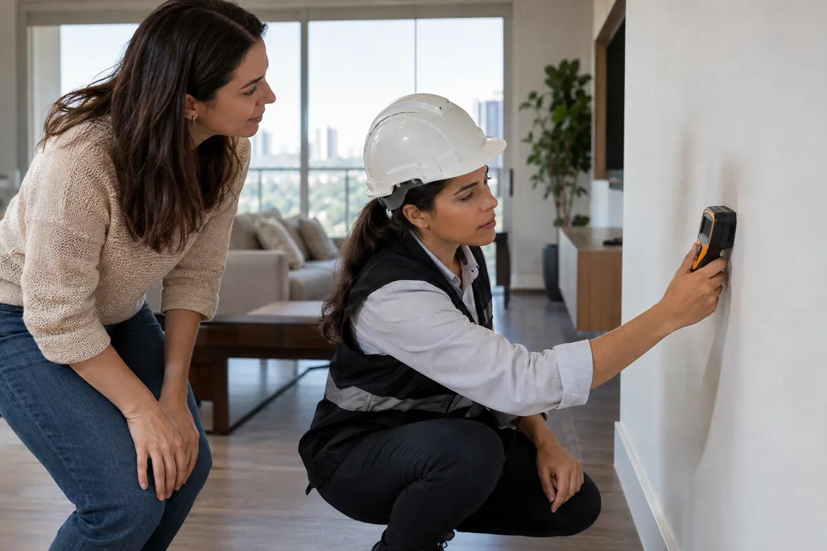 Engenheira mede umidade em parede de imóvel com possível vício construtivo