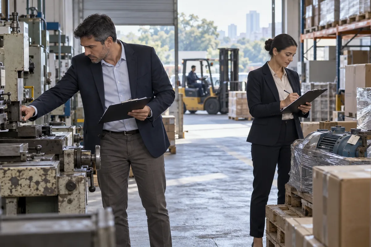 Profissionais fazem inventário de máquinas após a falência empresarial