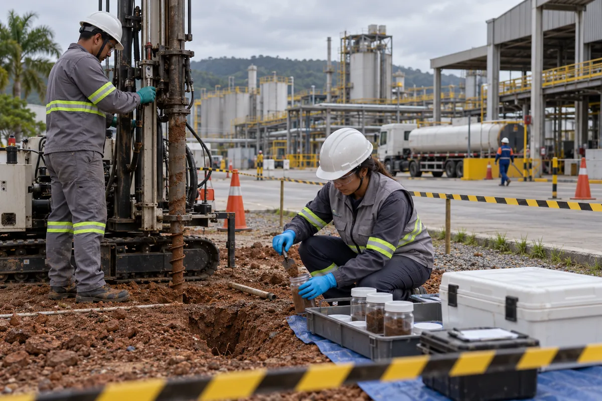 Técnicos realizam sondagem e coletam amostras de solo em área industrial