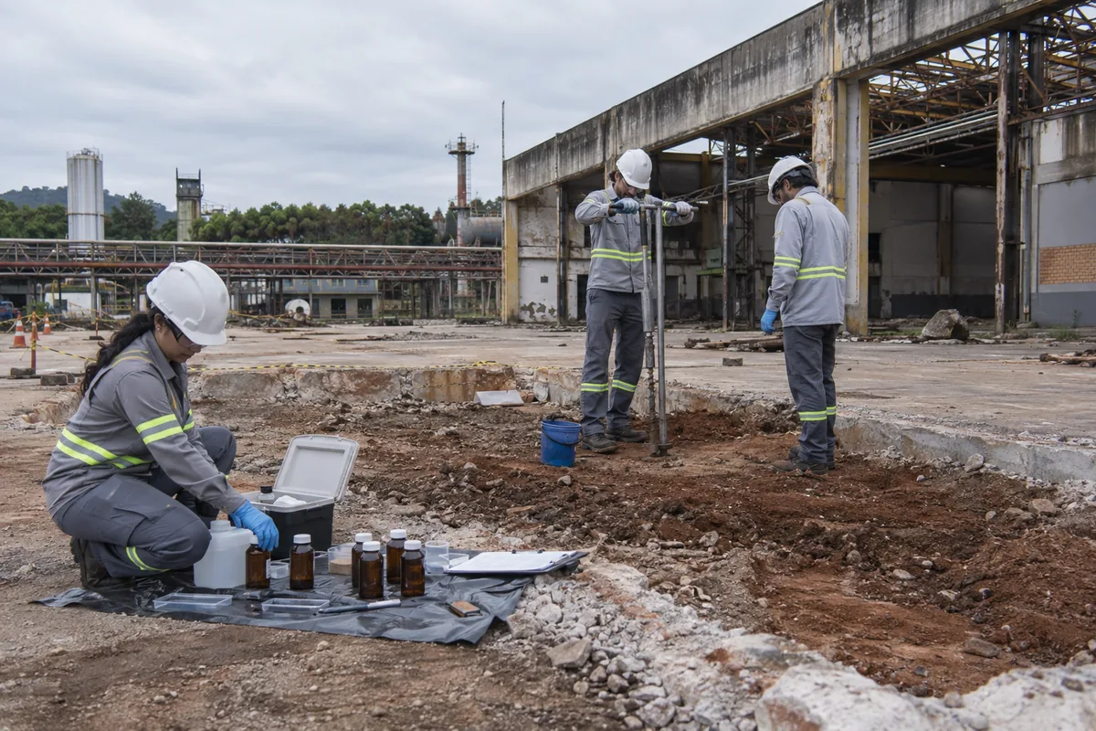 Equipe técnica coleta amostras de solo em antiga área industrial