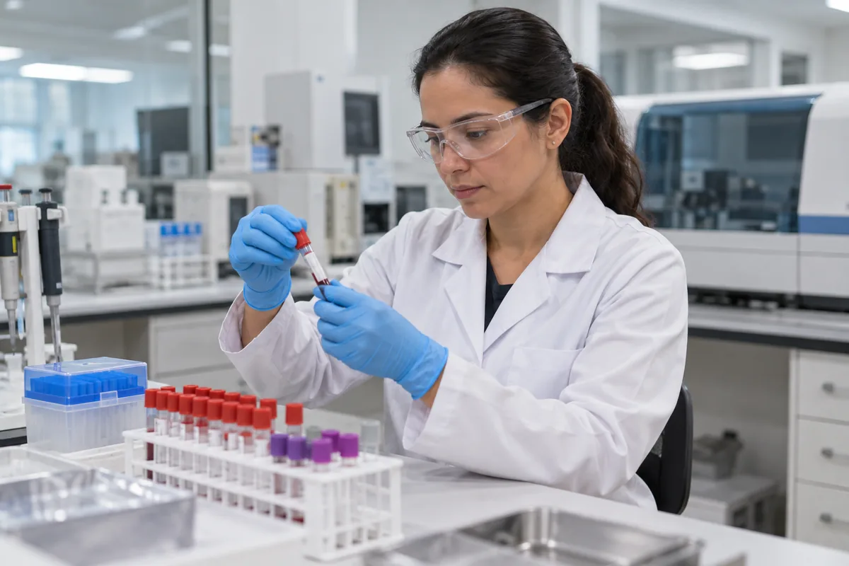 Profissional de laboratório usa proteção ao manipular amostras biológicas