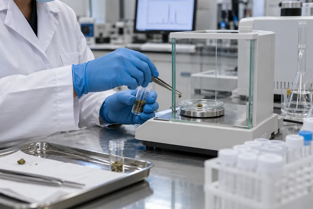 Perito analisando amostra em balança de laboratório