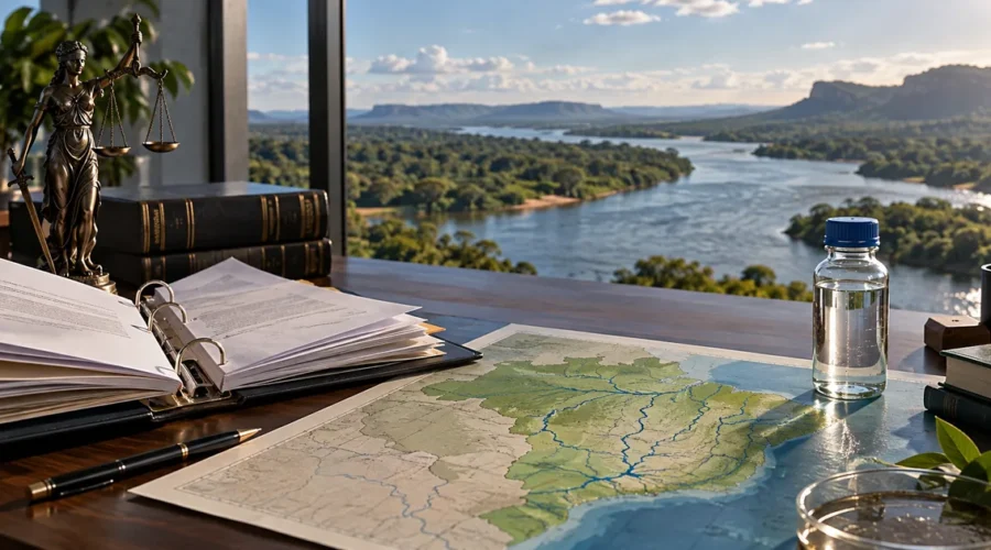 Documentos jurídicos, mapa de bacias e amostra de água