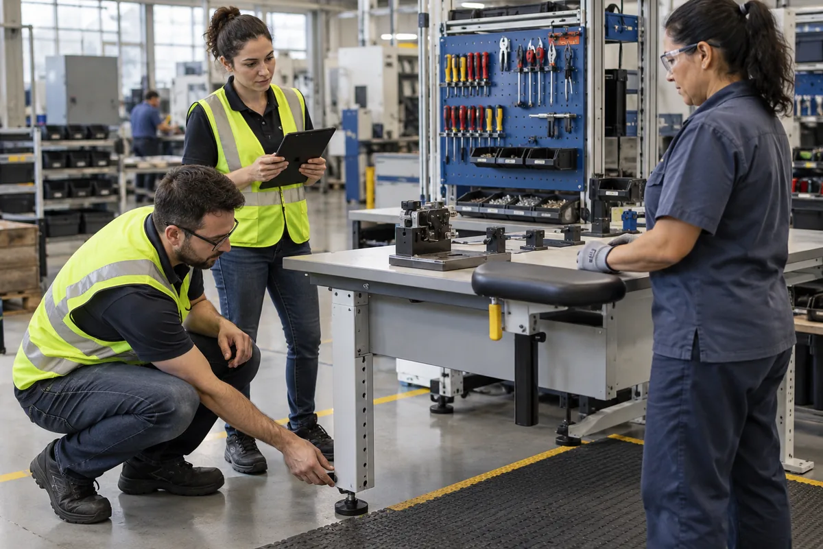 Equipe ajusta bancada e ferramentas para reduzir riscos ergonômicos