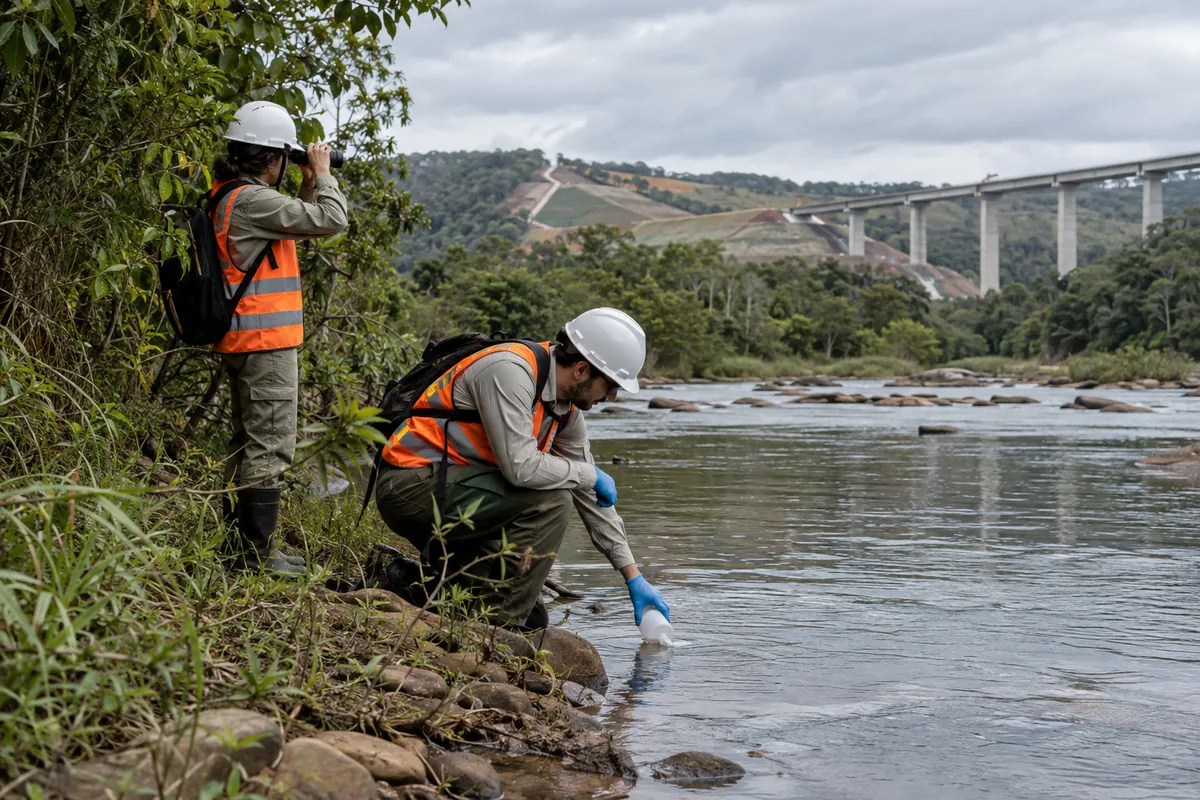 Especialistas coletam amostra de água perto de corredor de infraestrutura