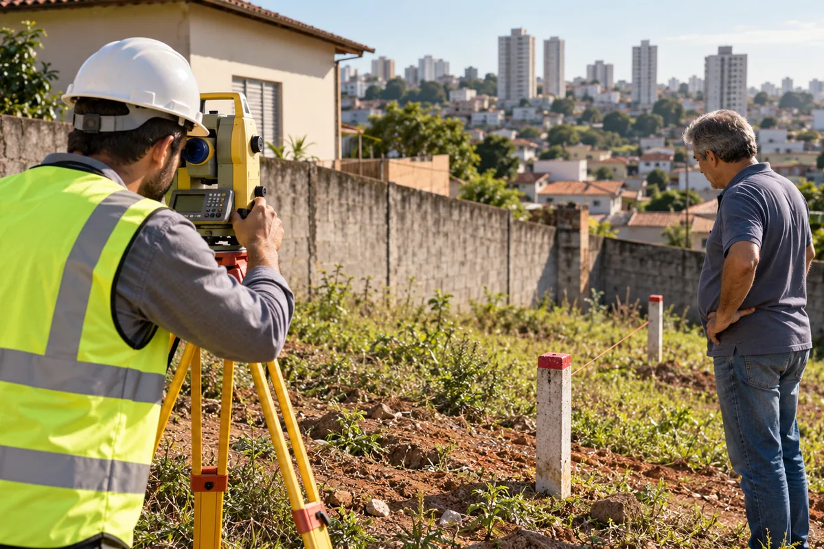 Topógrafo mede os limites de imóvel para planta de usucapião