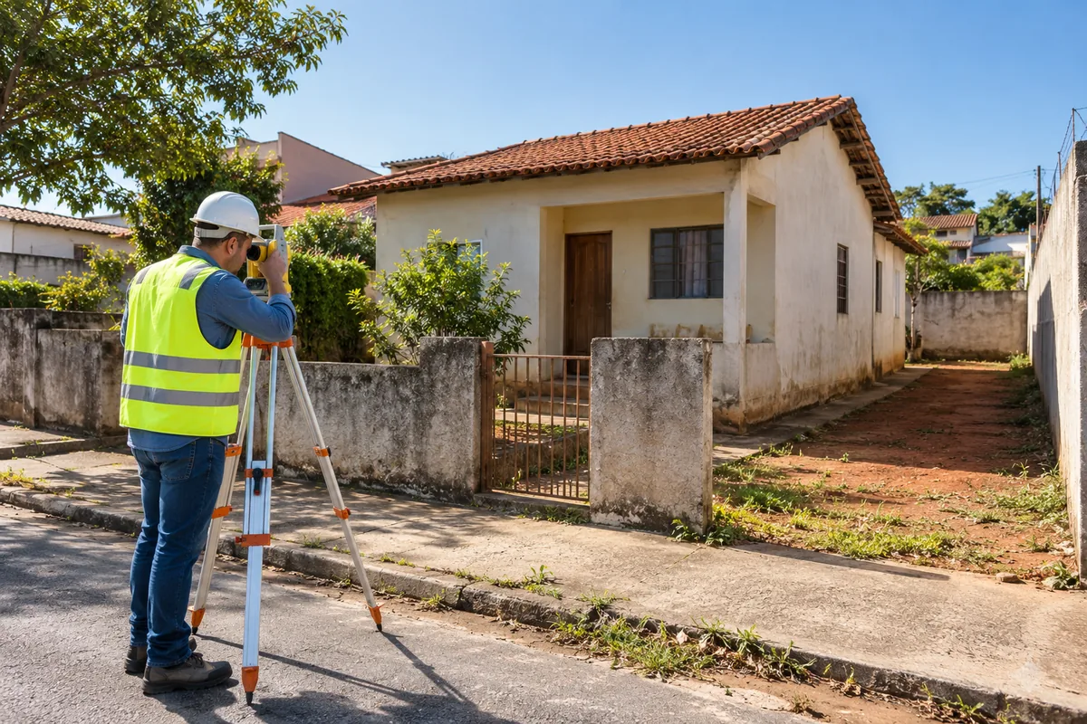 Profissional mede imóvel para elaborar planta e memorial descritivo