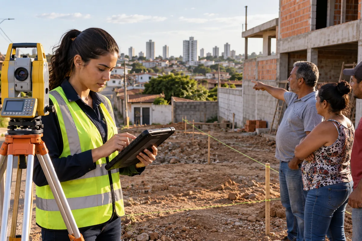 Topógrafa mede terreno urbano enquanto moradores indicam os limites da ocupação