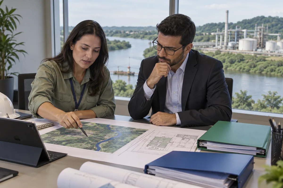 Engenheira e advogado analisam documentos para regularização do uso de recursos hídricos