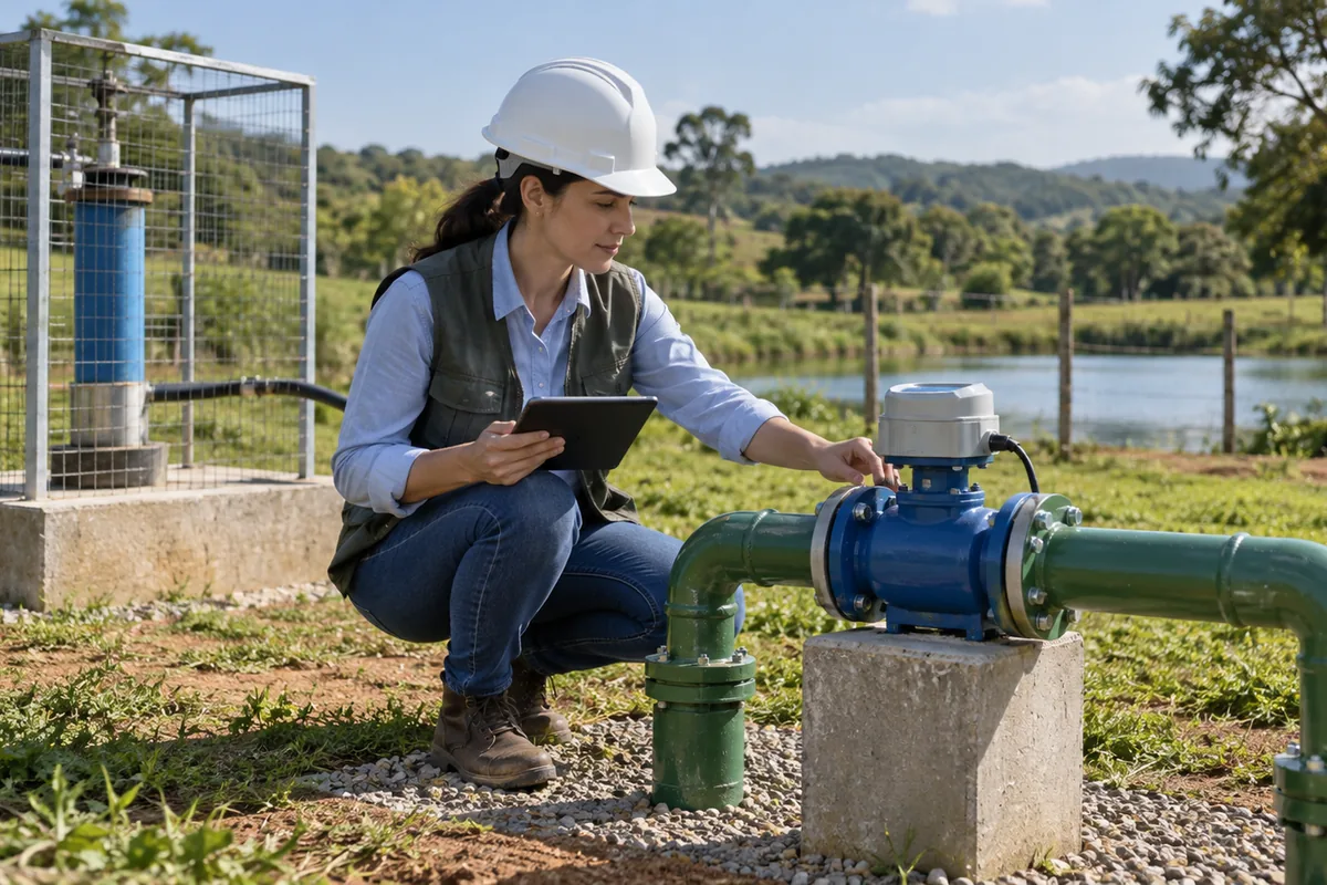 Engenheira inspeciona poço e medidor de vazão em captação regularizada