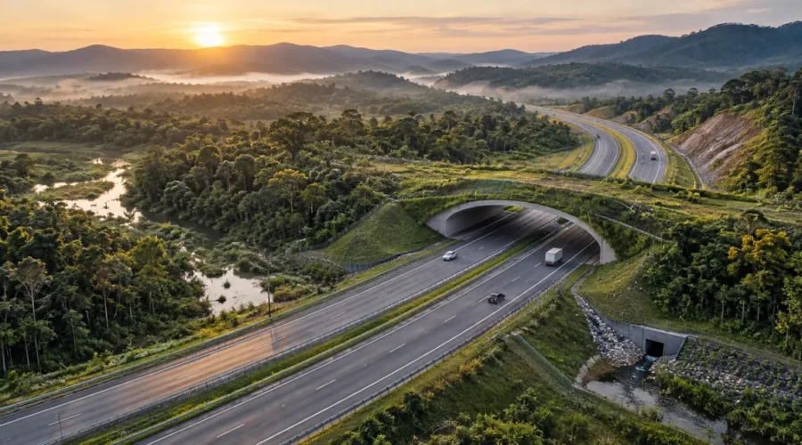 Rodovia com passagem de fauna e drenagem integradas à paisagem