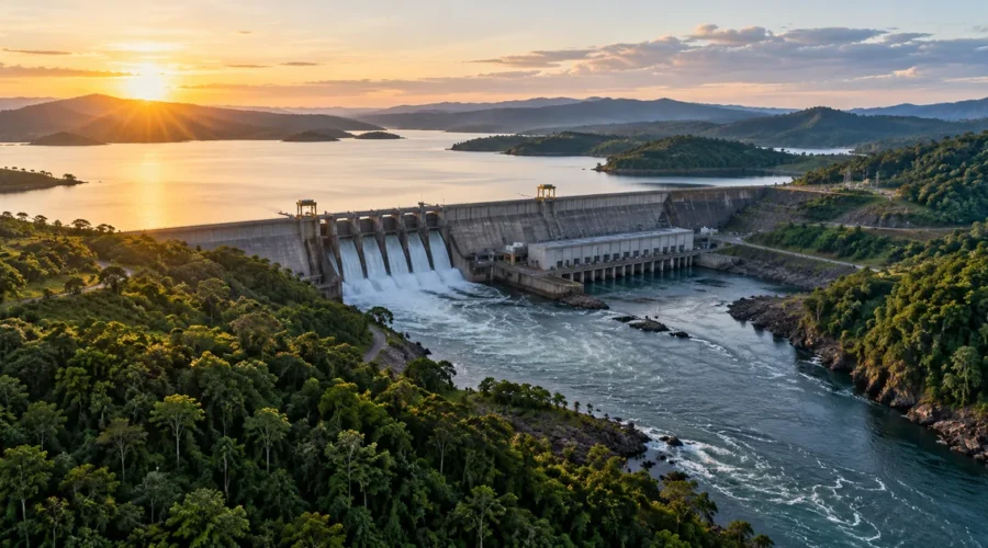 Usina hidrelétrica integrada à paisagem florestal ao pôr do sol