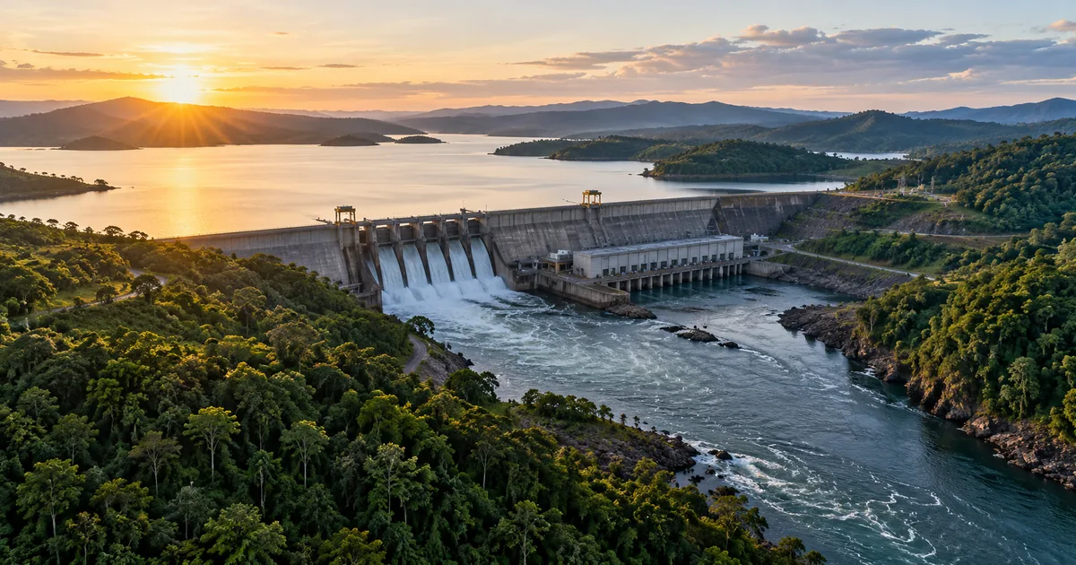 Usina hidrelétrica integrada à paisagem florestal ao pôr do sol