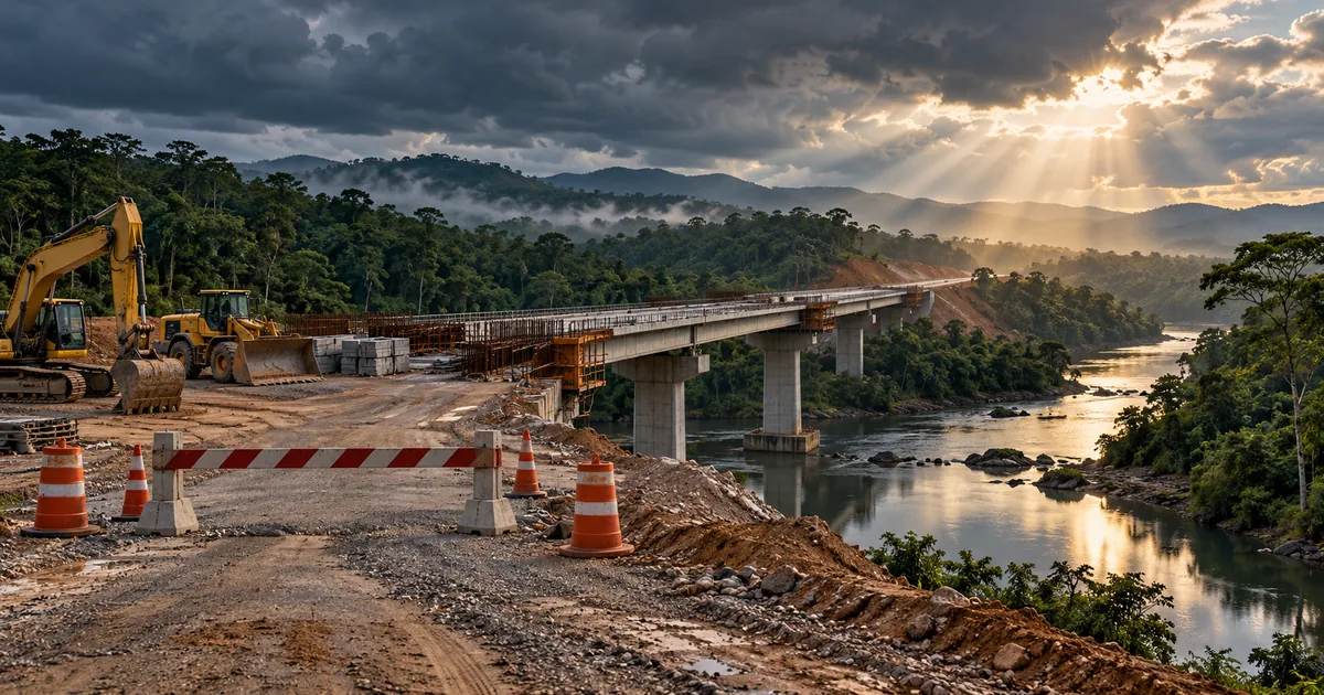 Obra de ponte paralisada junto a rio e mata preservada
