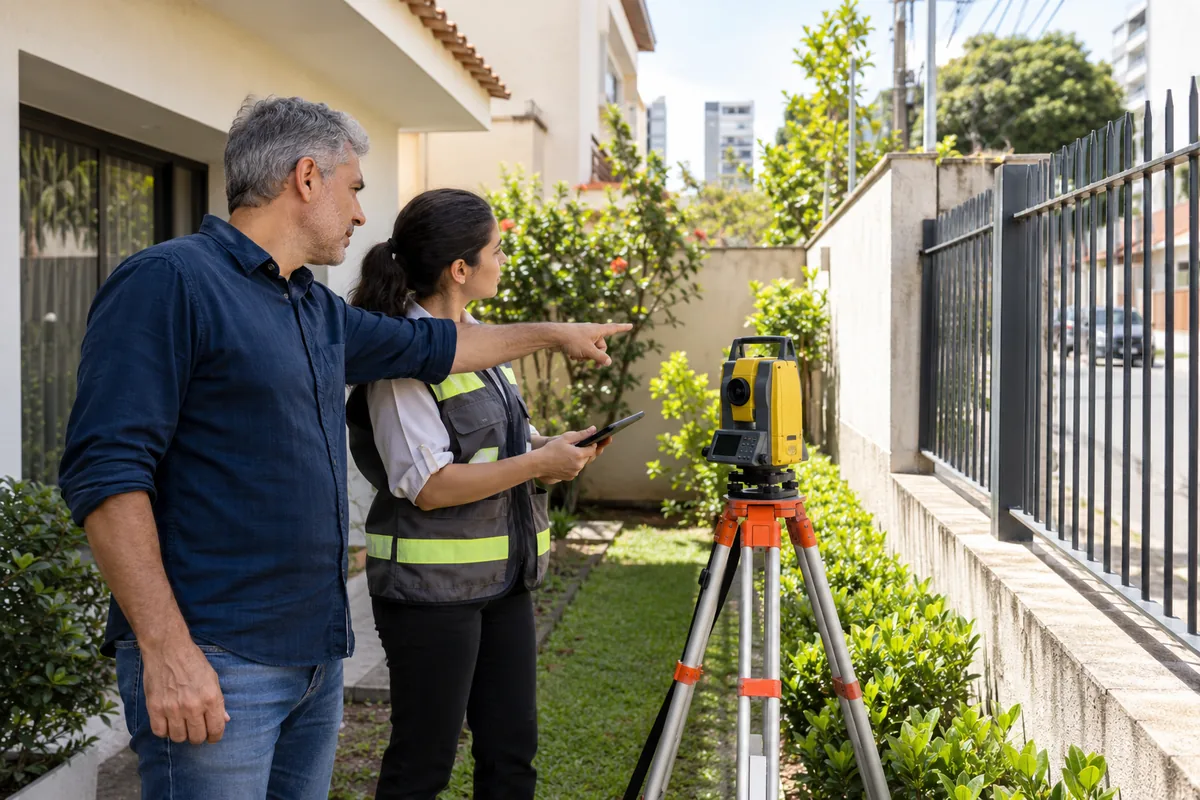 Proprietário e profissional conferem limites físicos de um terreno urbano