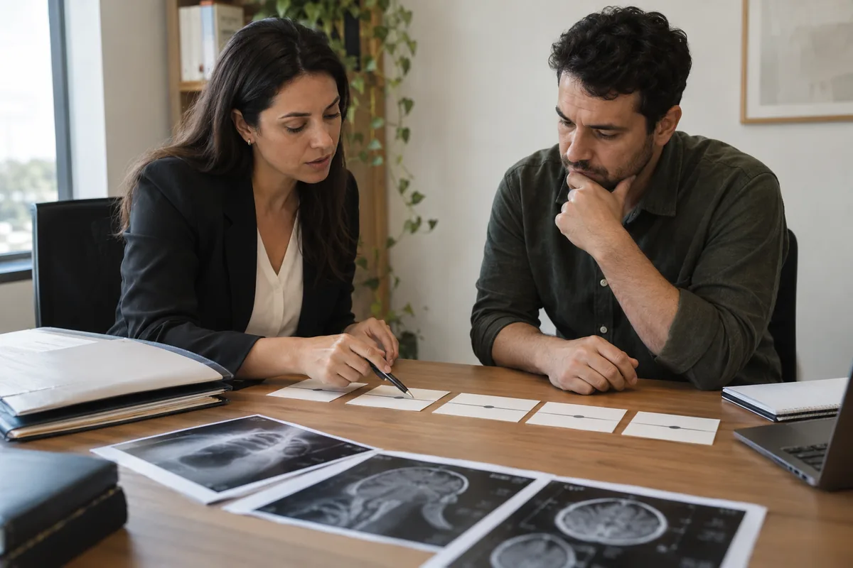 Advogada e cliente organizam a cronologia do atendimento médico
