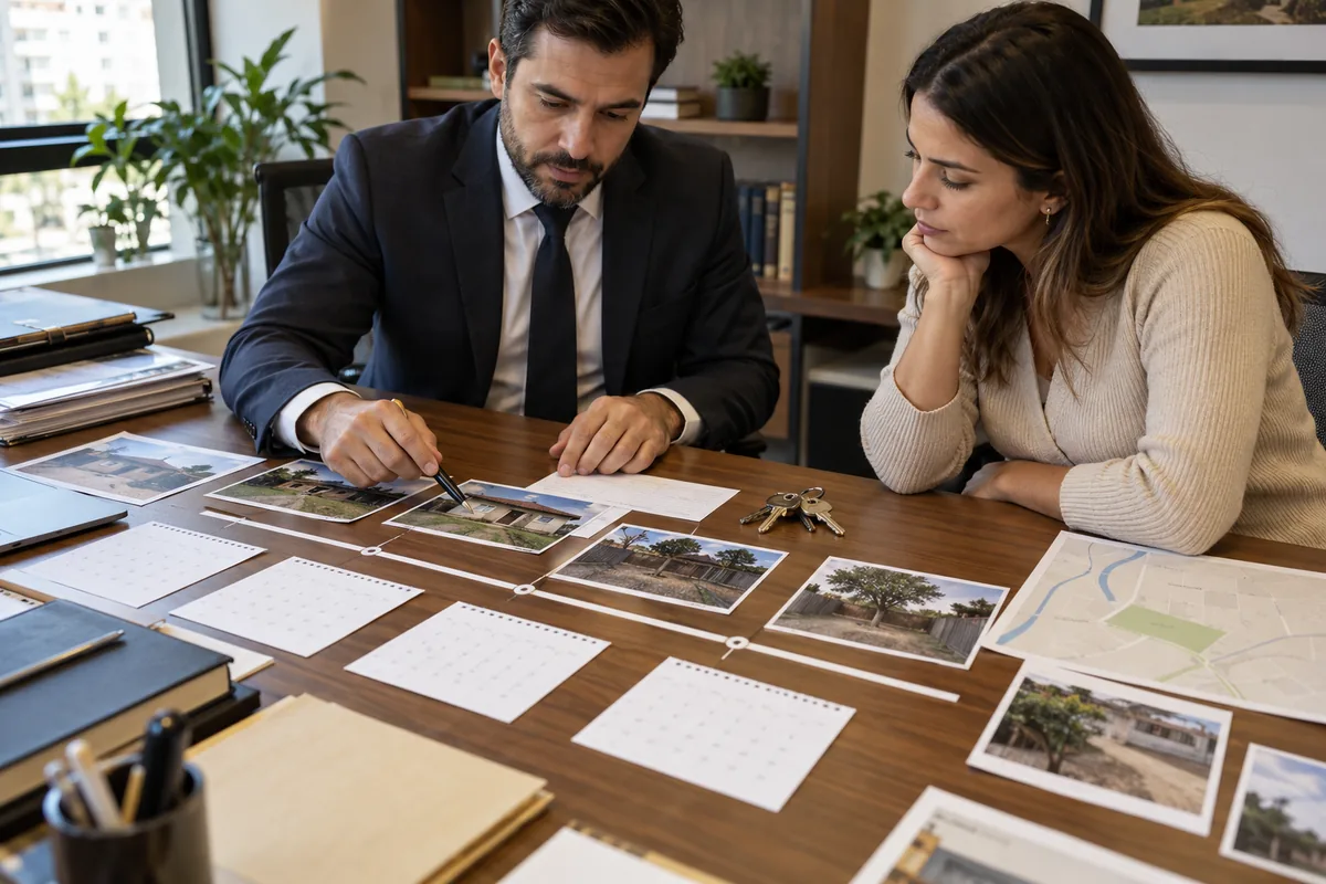 Advogado e cliente organizam fotografias e datas da posse do imóvel