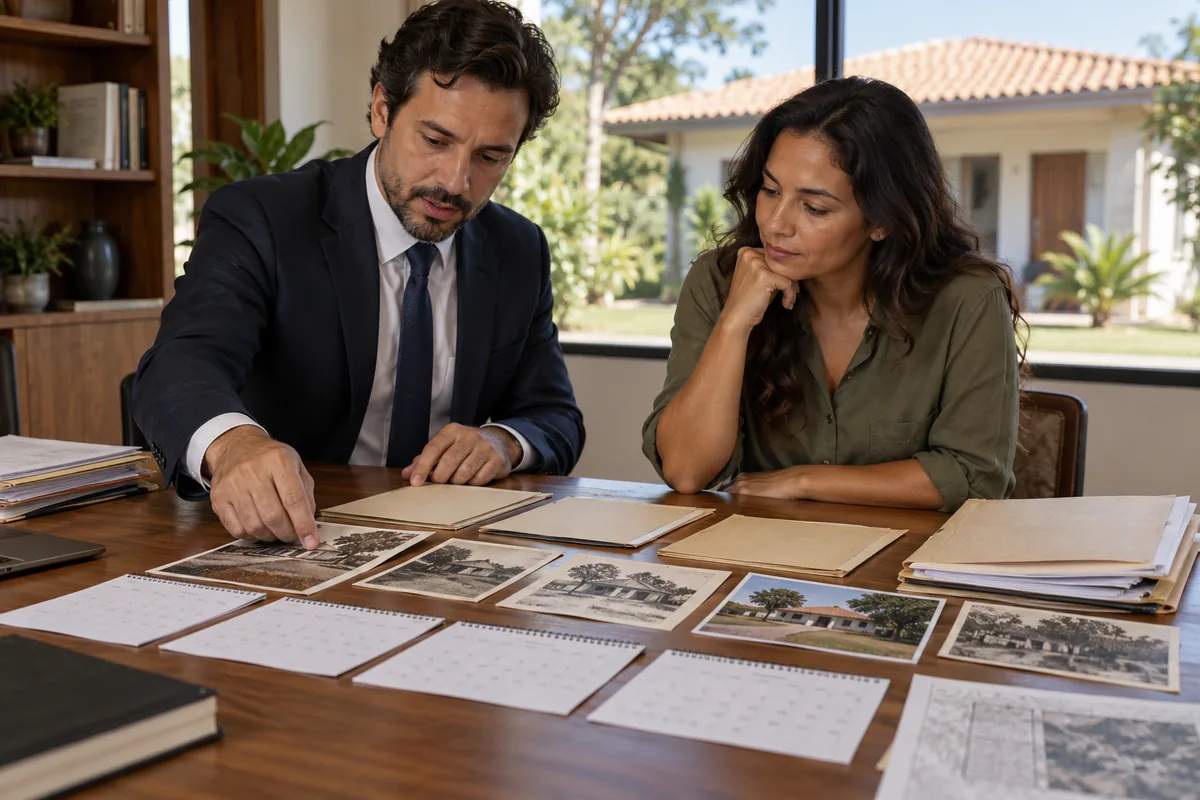 Advogado e proprietária organizam documentos e fotos antigas do imóvel em ordem cronológica