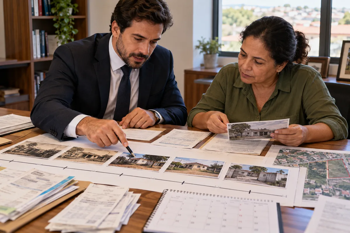 Advogado e cliente organizam fotografias, recibos e mapa da posse do imóvel