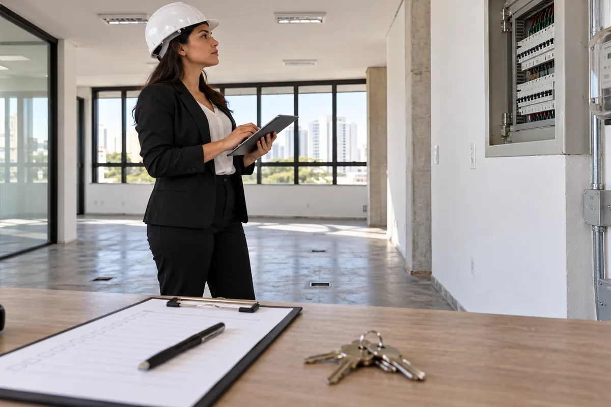 Profissional realiza vistoria técnica em sala comercial vazia