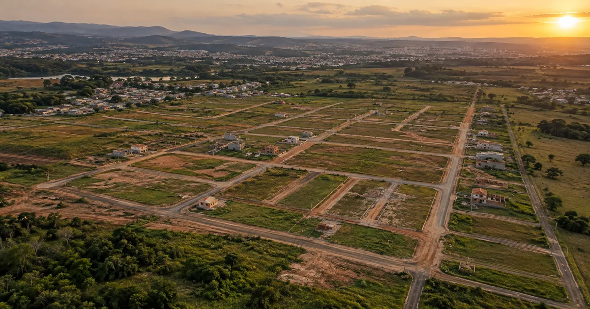 Vista aérea panorâmica de loteamento em expansão urbana
