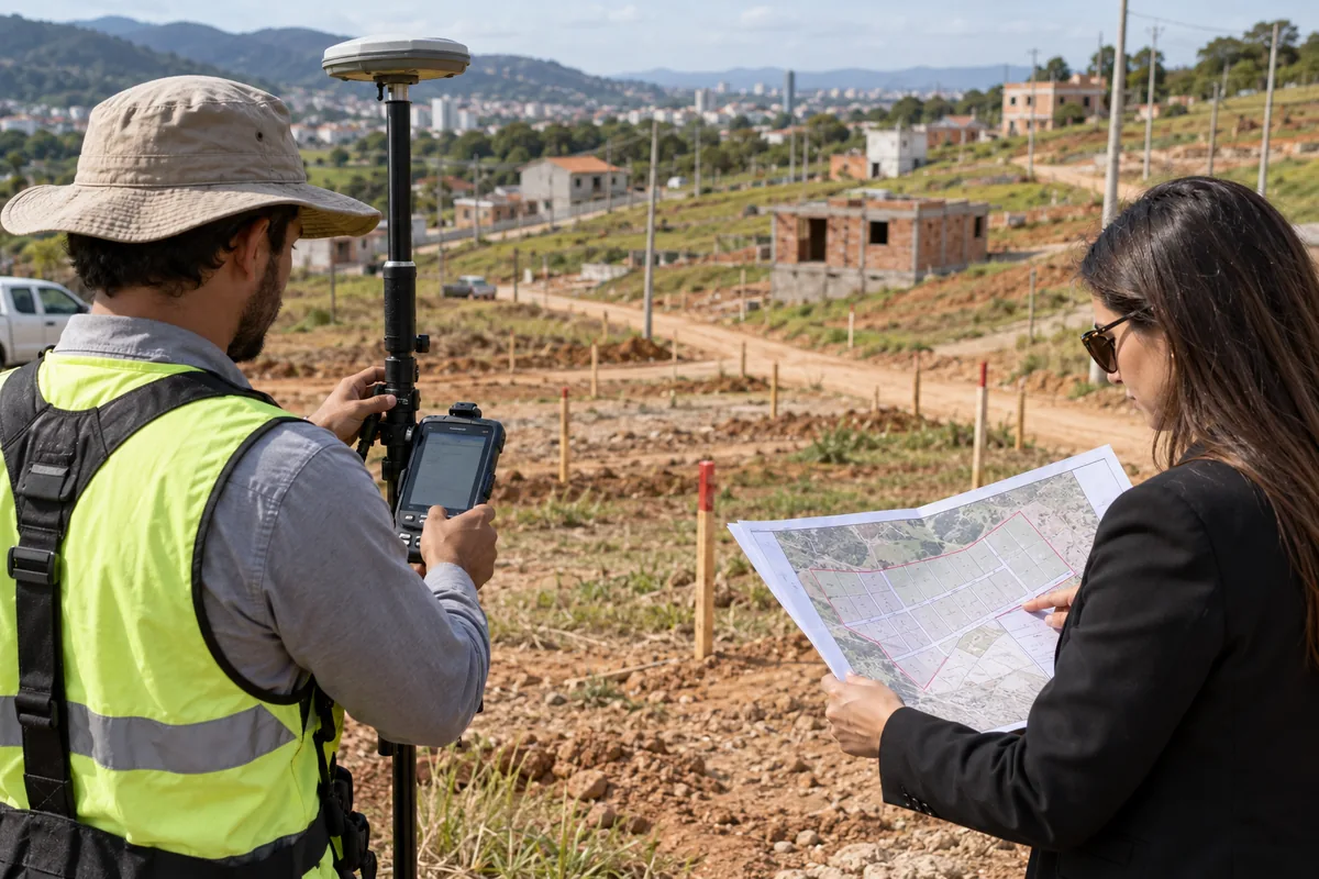 Topógrafo e advogada conferem limites em loteamento em formação
