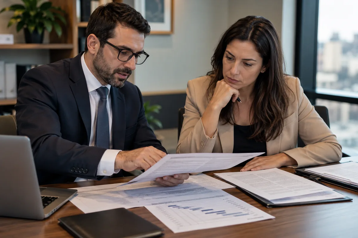 Advogado e cliente analisam documentos de retenção fiscal iminente