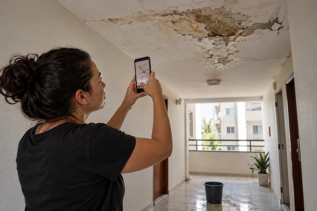 Moradora registra infiltração no teto de corredor por falta de manutenção do condomínio
