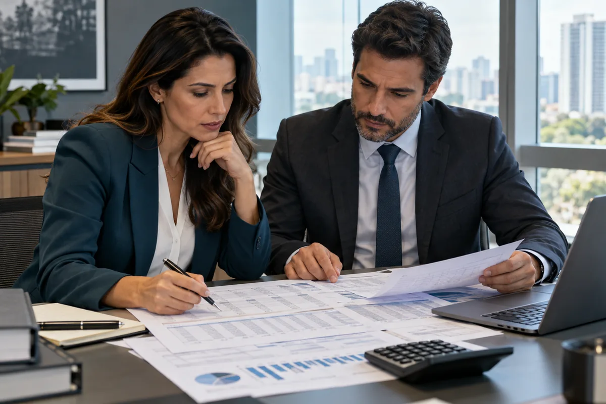 Empresária e advogado analisam mapa de dívidas empresariais