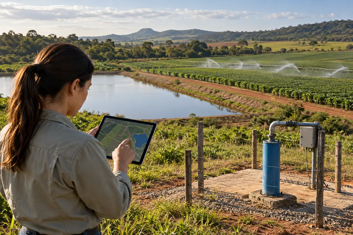Engenheira mapeia poço, reservatório e sistema de irrigação em propriedade rural