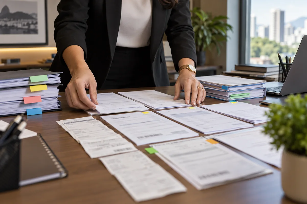 Profissional organiza períodos comprovantes e documentos fiscais