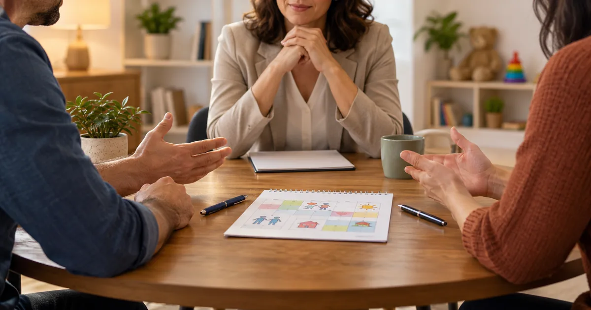 Responsáveis conversam com mediadora diante de calendário familiar